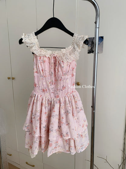 Cute Ball Gown Square Satin Floral Pink Short Summer Dress Holiday Party Outfits For Women DP1406
