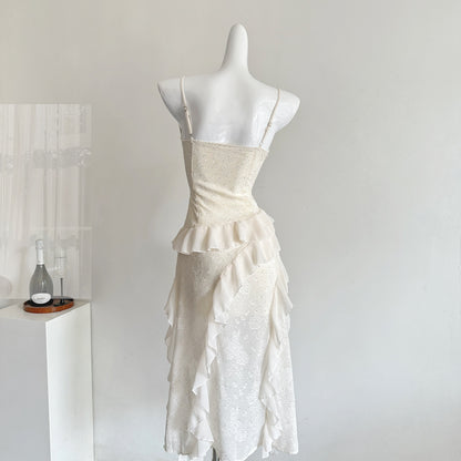 Cute Sheath Spaghetti Straps Ivory Ruffles Casual Dress Summer Outfits Short Holiday Dresses DP1408