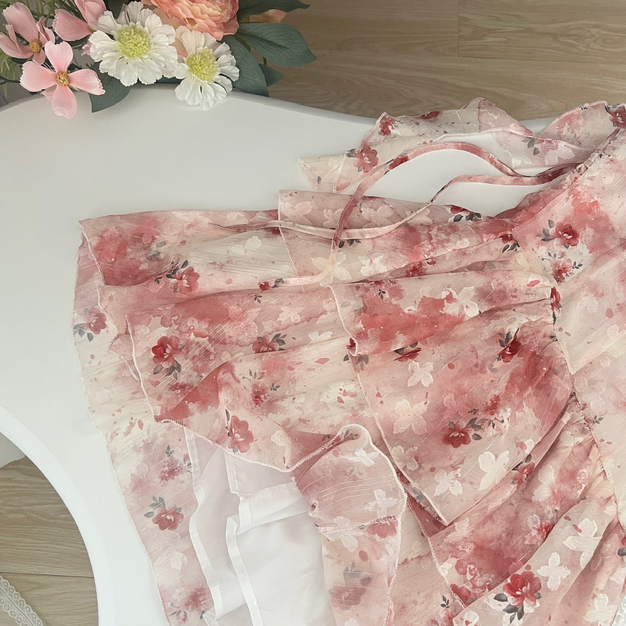 Sweet A Line Straps Pink Floral Summer Short Dresses DP0014