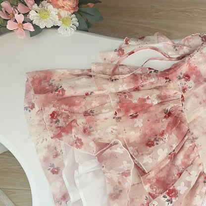 Sweet A Line Straps Pink Floral Summer Short Dresses DP0014