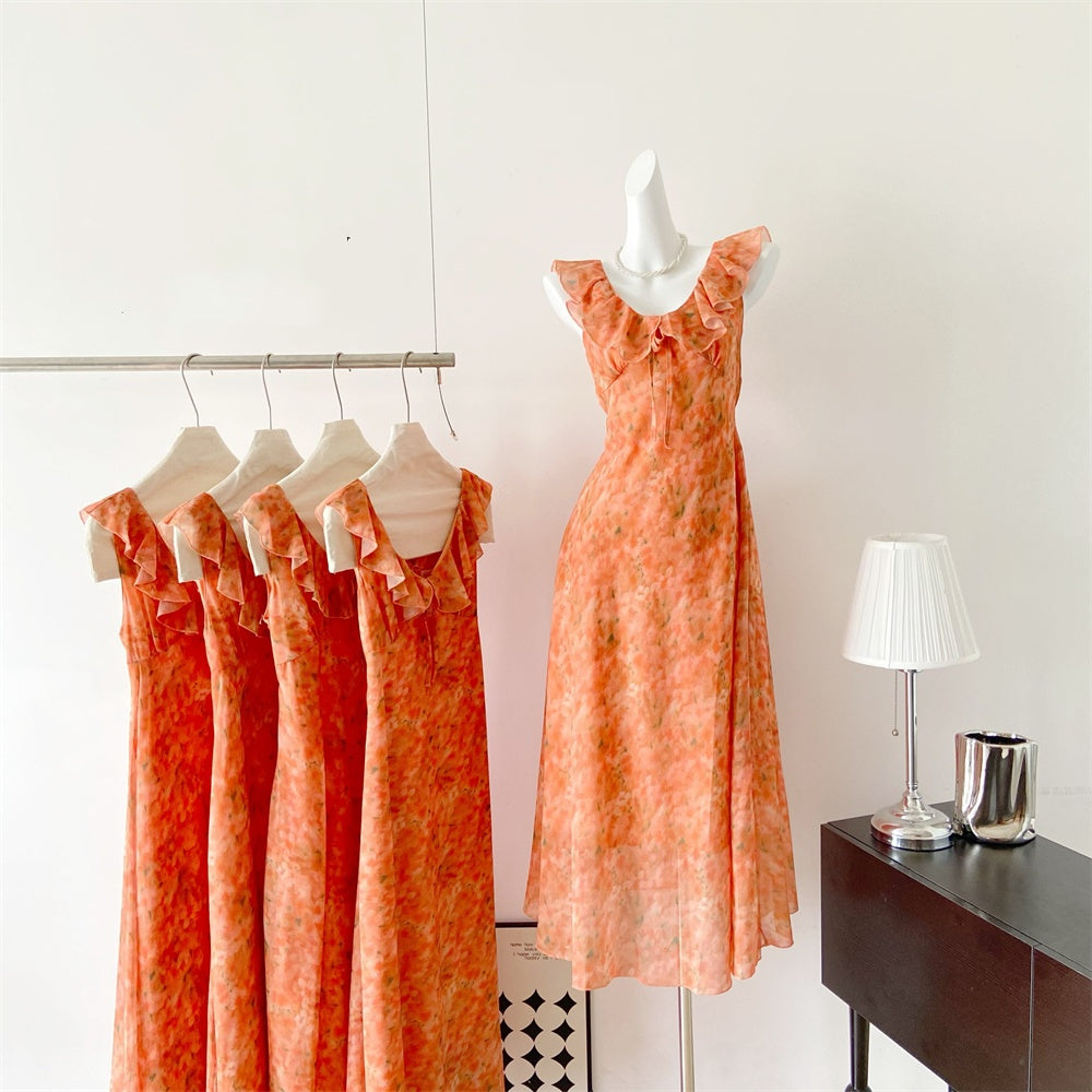 Sexy A line Jewel Summer Orange Chiffon Dress Holiday Party Outfits For Women DP0029