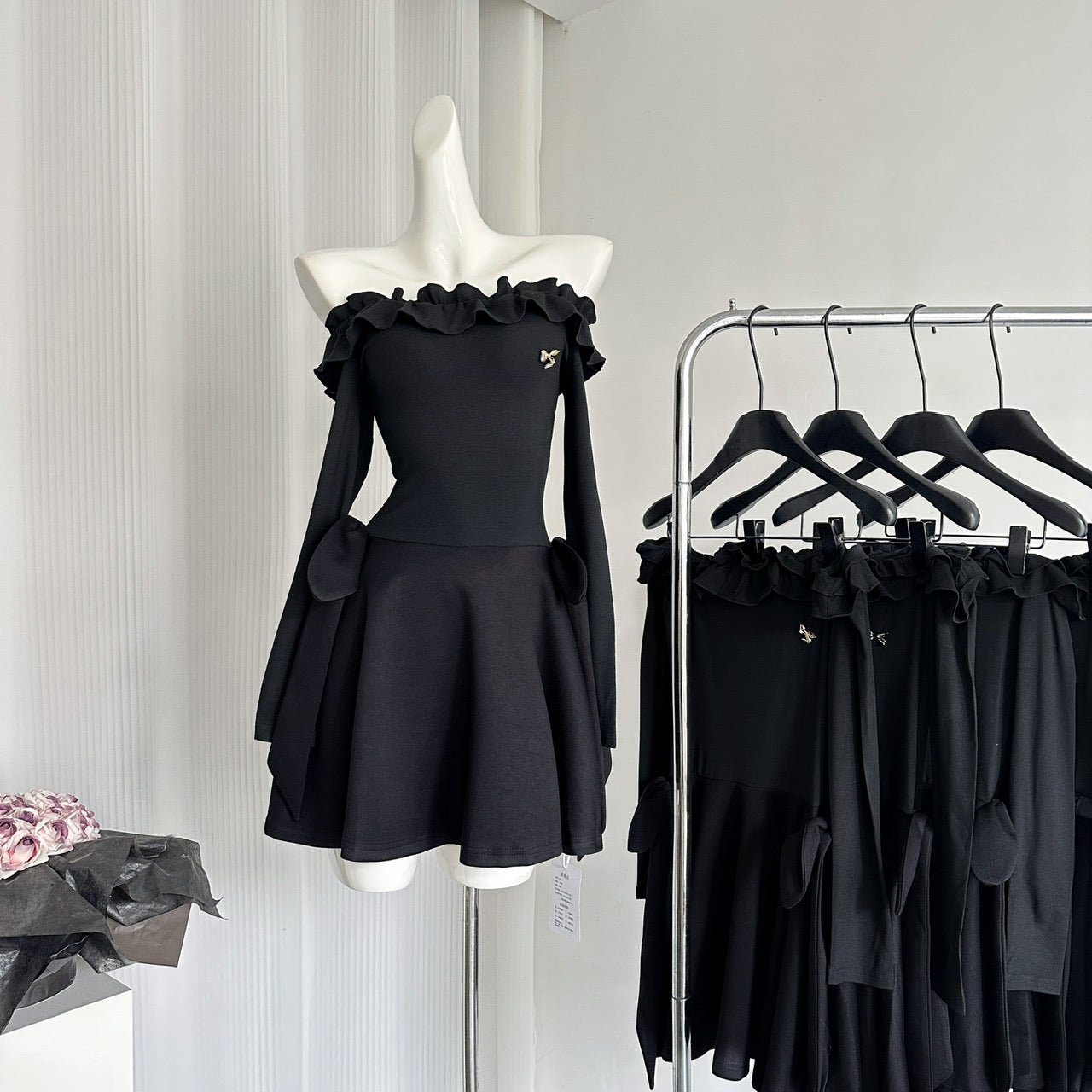 Robe d'été noire à épaules dénudées et coupe trapèze pour femme, tenue de fête ou de vacances, DP0094