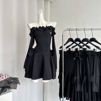 Robe d'été noire à épaules dénudées et coupe trapèze pour femme, tenue de fête ou de vacances, DP0094