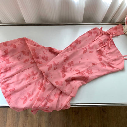 Sexy A line Spaghetti Straps Floral Long Pink Floral Dress Holiday Party Outfits For Women DP0032