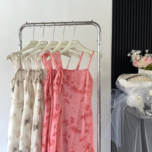 Sexy A line Spaghetti Straps Floral Long Pink Floral Dress Holiday Party Outfits For Women DP0032