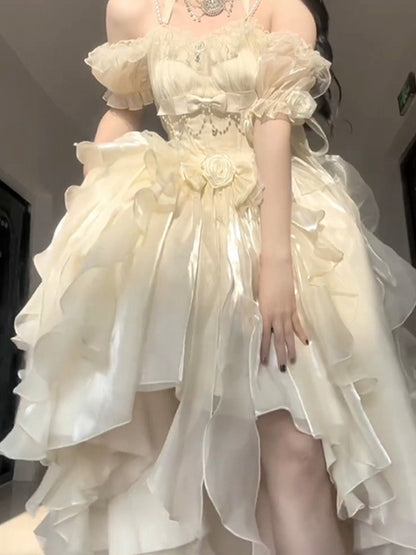 Vintage High Low Off The Shoulder Short Sleeves 16th Chiffon Birthday Dress Lolita Dress Birthday Outfits W1130