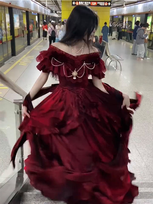 Retro Ball Gown Off The Shoulder Short Sleeves Burgundy Floral 16th Chiffon Birthday Dress Lolita Dress 18th Birthday Outfits W1204