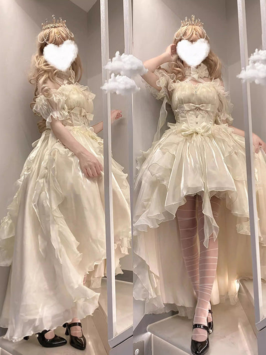 Beautiful High Low Off The Shoulder Short Sleeves Ivory Floral 16th Chiffon Birthday Dress Lolita Dress 18th Birthday Outfits W1221