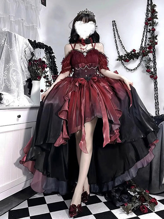 Princess Ball Gown Off The Shoulder Short Sleeves Ombre Burgundy Floral 16th Chiffon Birthday Dress Lolita Dress 18th Birthday Outfits W1198