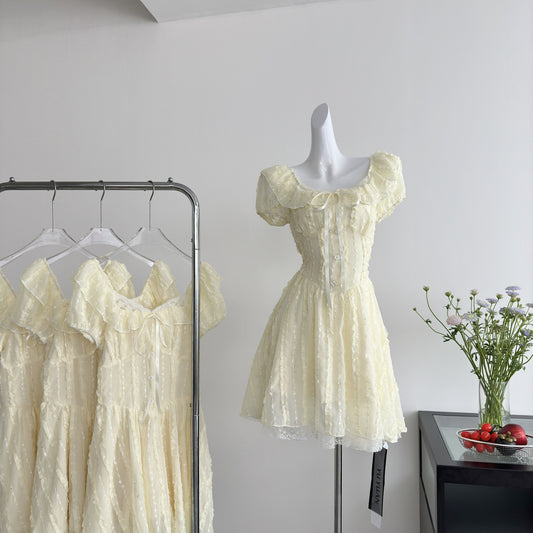 Süßes A-Linien-Kleid mit quadratischem Ausschnitt und Blumenmuster, kurz, gelb, für den Urlaub, Party-Outfits für Frauen, DP0122