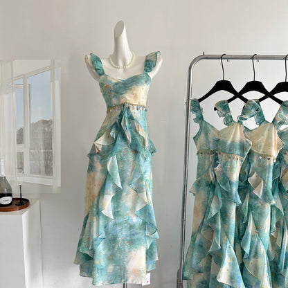 Sexy Mermaid Square Floral Green Summer Dress Holiday Party Outfits For Women DP0126
