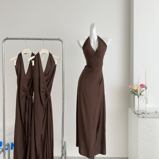 Sexy Sheath Halter Summer Brown Long Dress Holiday Party Outfits For Women DP0030