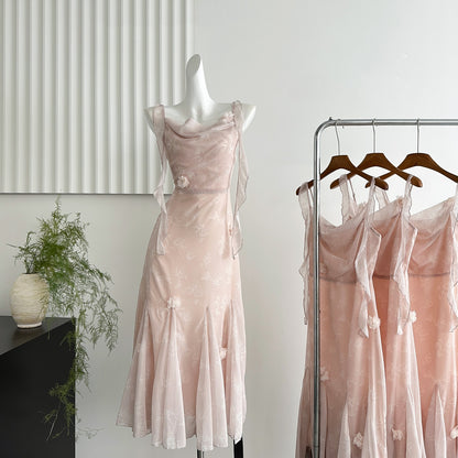 Cute Mermaid Straps Floral Pink Lace Long Summer Dress For Women DP0026