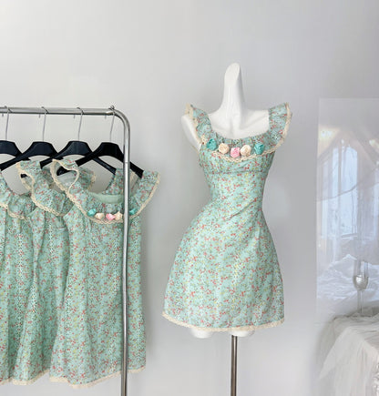Sexy A line Square Neckline Summer Floral Green Dress Holiday Party Outfits For Women DP0024