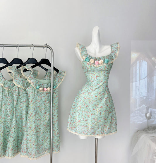 Sexy A line Square Neckline Summer Floral Green Dress Holiday Party Outfits For Women DP0024