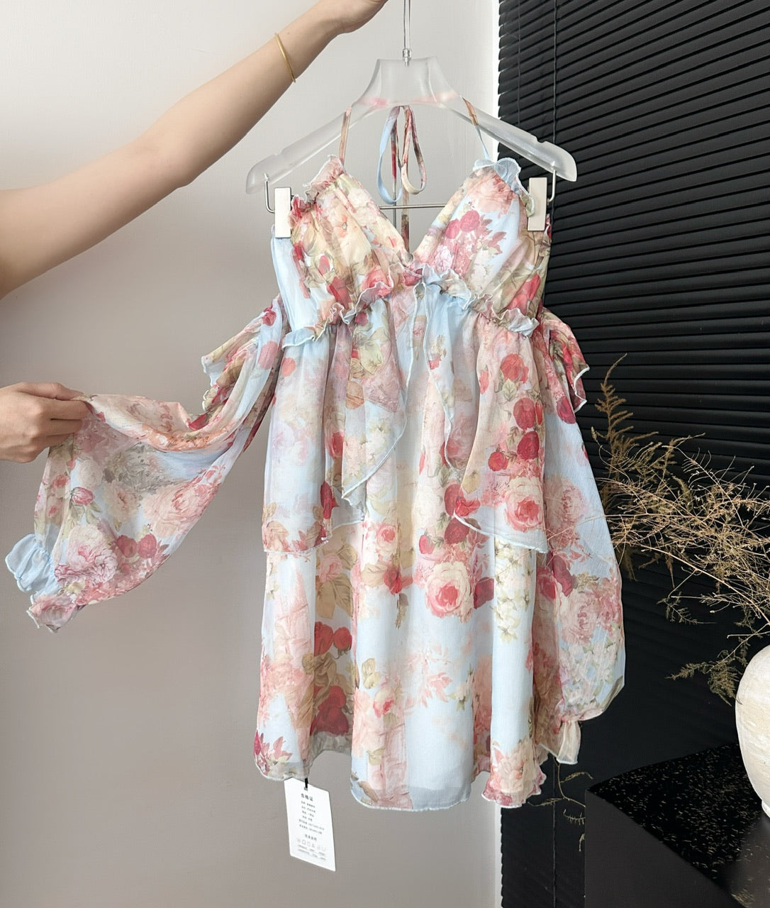 Sweet A Line Halter Pink Floral Summer Short Women Dresses DP0015