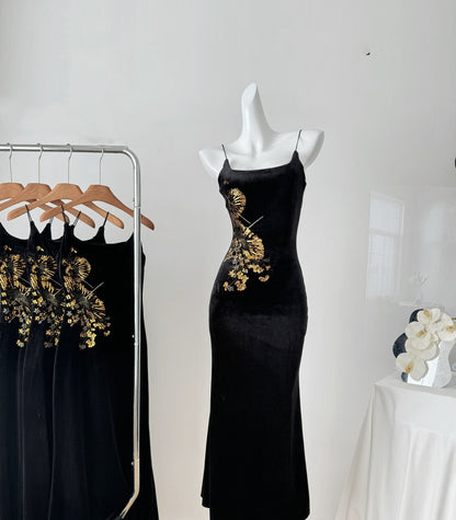 Sexy Mermaid Spaghetti Straps Black Velvet Long Summer Dress For Women DP0027