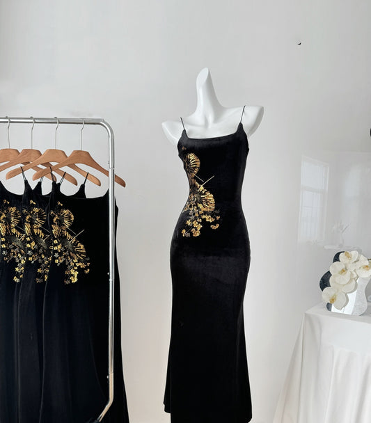 Sexy Mermaid Spaghetti Straps Black Velvet Long Summer Dress For Women DP0027