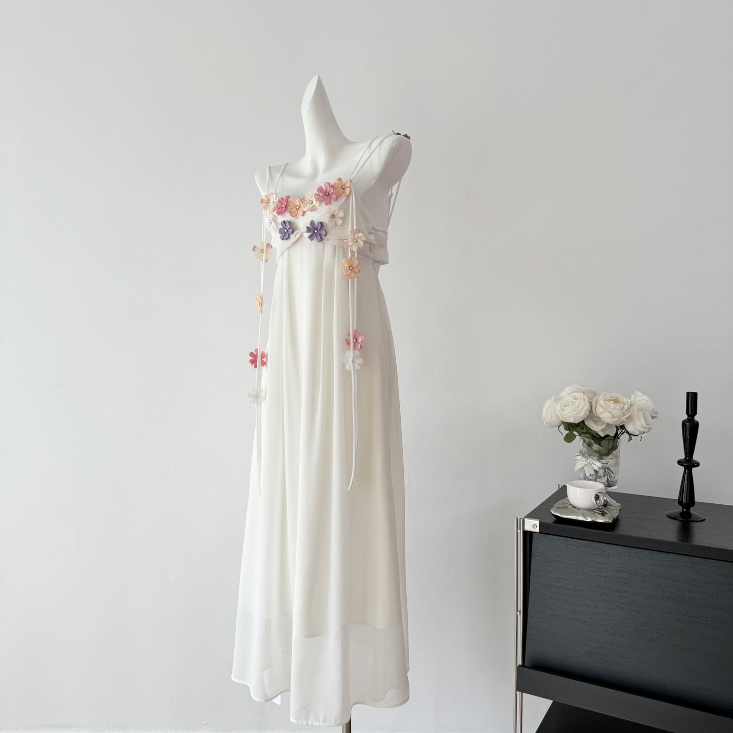 Cute A Line Spaghetti Straps Floral White Chiffon Summer Dress Holiday Party Outfits For Women DP0129