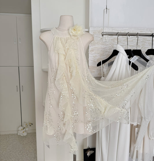 Sexy A-Linie Juwel-Ausschnitt Pailletten Kurzes Sommerkleid Urlaubsparty-Outfits für Frauen DP0116