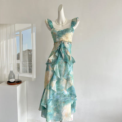 Sexy Mermaid Square Floral Green Summer Dress Holiday Party Outfits For Women DP0126