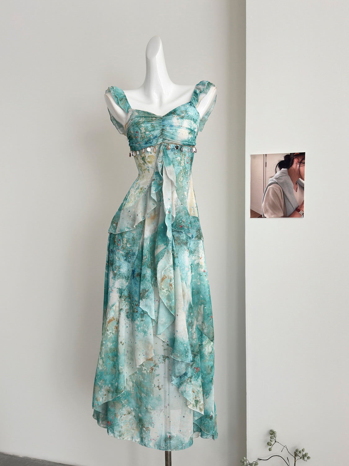 Sexy Mermaid Square Floral Green Summer Dress Holiday Party Birthday Outfits For Women DP0127