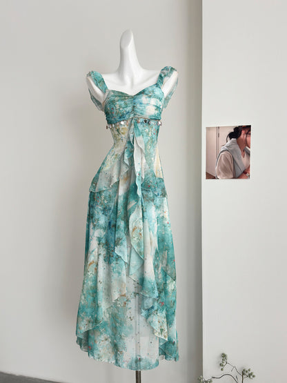 Sexy Mermaid Square Floral Green Summer Dress Holiday Party Birthday Outfits For Women DP0127