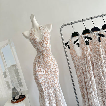 Sexy Mermaid V Neckline White Lace Summer Dress Holiday Party Birthday Outfits For Teens DP0143
