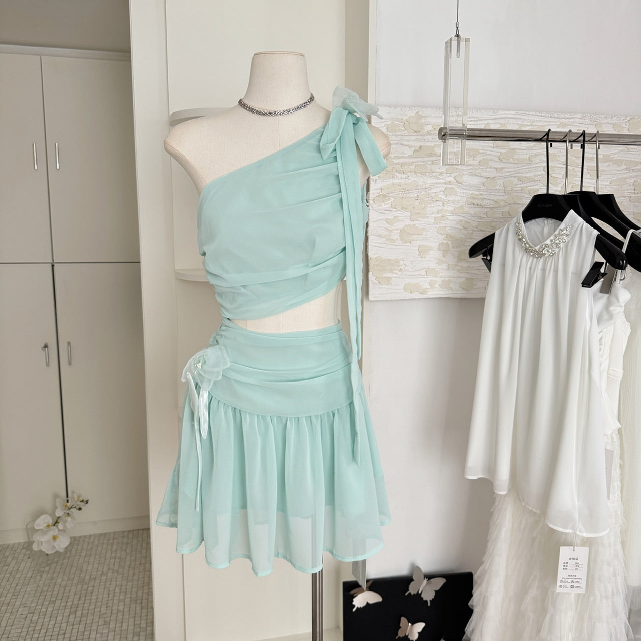 Cute A line One Shoulder Green Chiffon Short Summer Dress Holiday Party Birthday Outfits DP0147