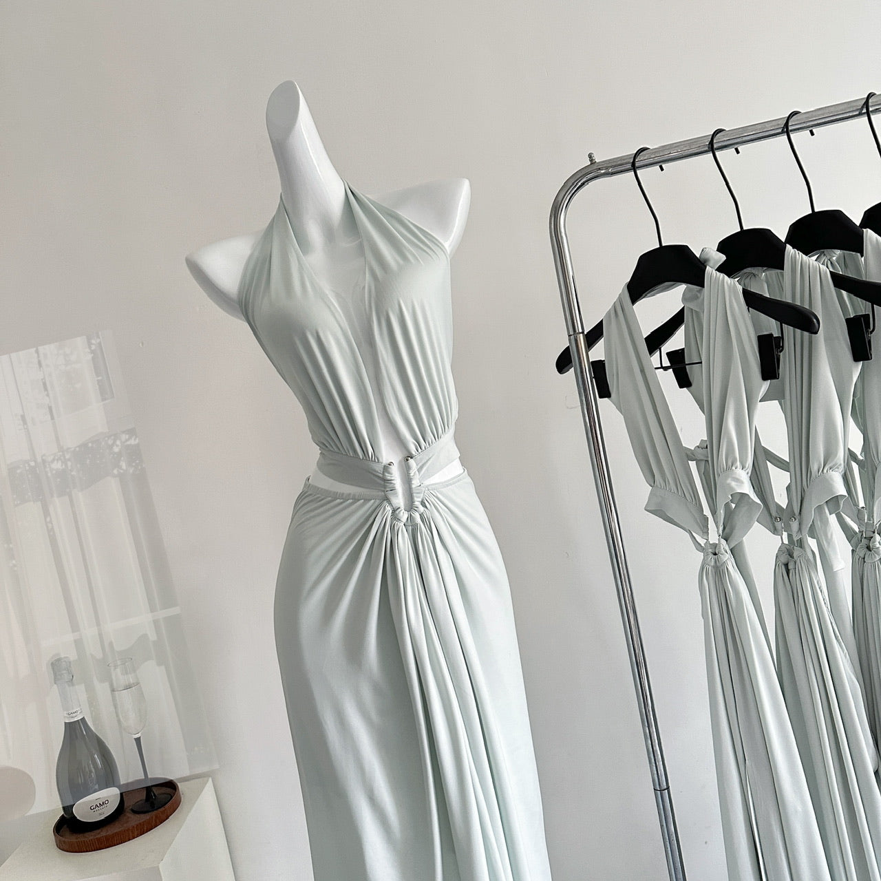 Sexy A line Halter Light Green Backless Summer Dress Holiday Party Dress Birthday Outfits For Teens DP0152