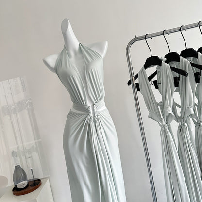 Sexy A line Halter Light Green Backless Summer Dress Holiday Party Dress Birthday Outfits For Teens DP0152