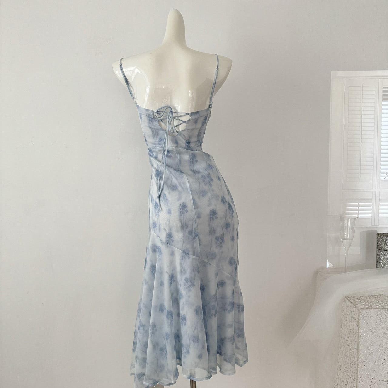 Sexy Mermaid Spaghetti Straps Blue Floral Midi Summer Dress Holiday Party Birthday Outfits For Womens DP0152