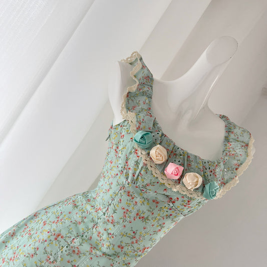 Sexy A line Square Neckline Summer Floral Green Dress Holiday Party Outfits For Women DP0024