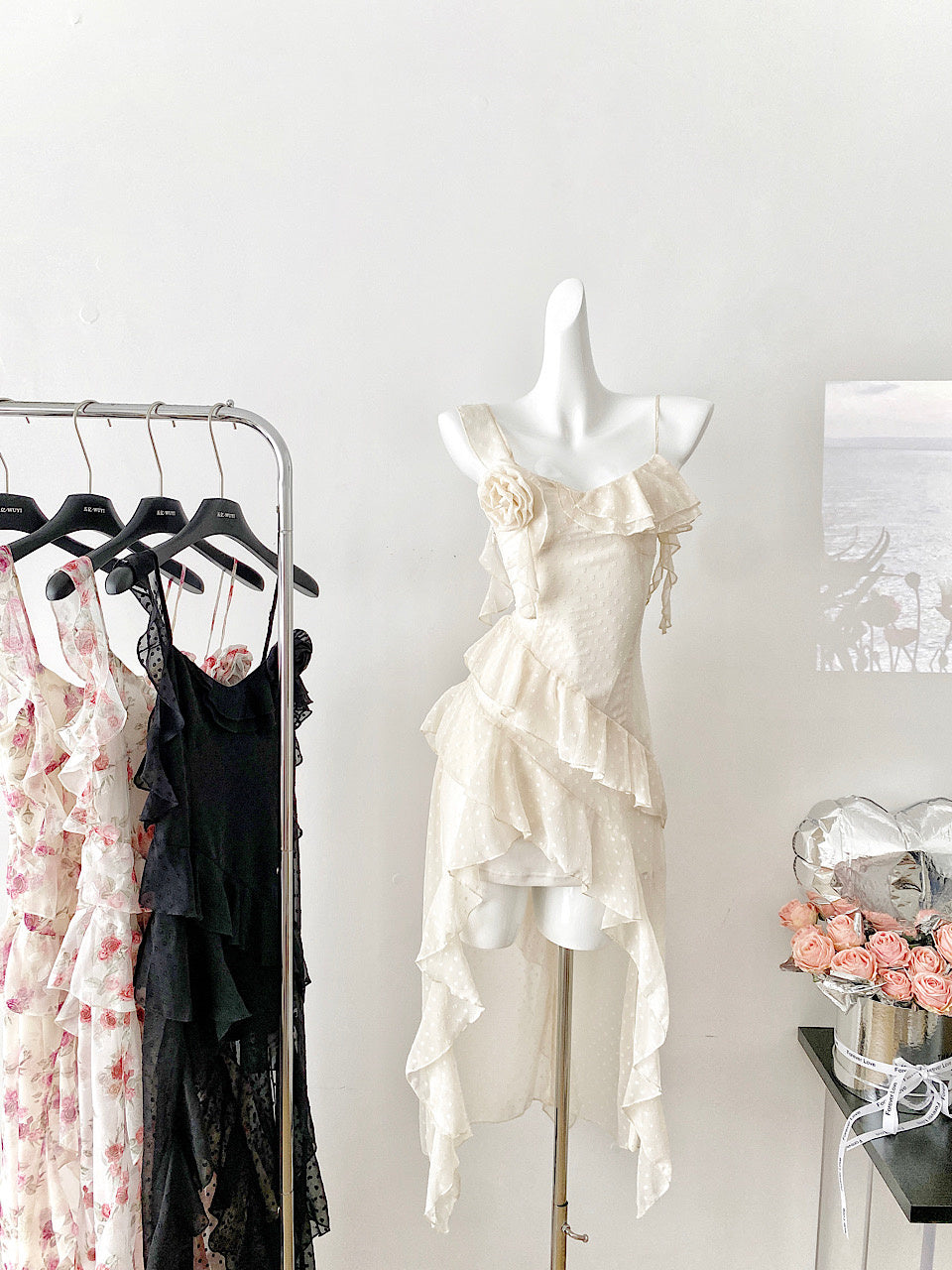 Sexy High Low Spaghetti Straps Floral Lace Summer Dress Holiday Party Outfits For Women DP0019