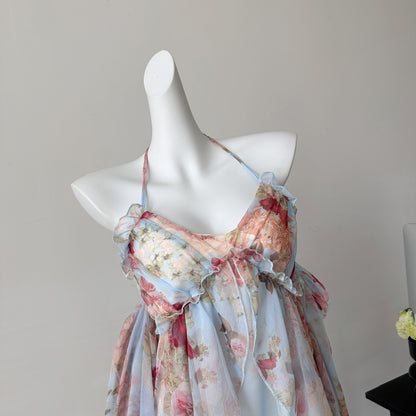 Sweet A Line Halter Pink Floral Summer Short Women Dresses DP0015