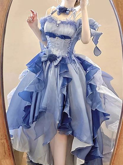 Vintage High Low Off The Shoulder Short Sleeves 16th Blue Birthday Dress Lolita Dress Birthday Outfits DP0224