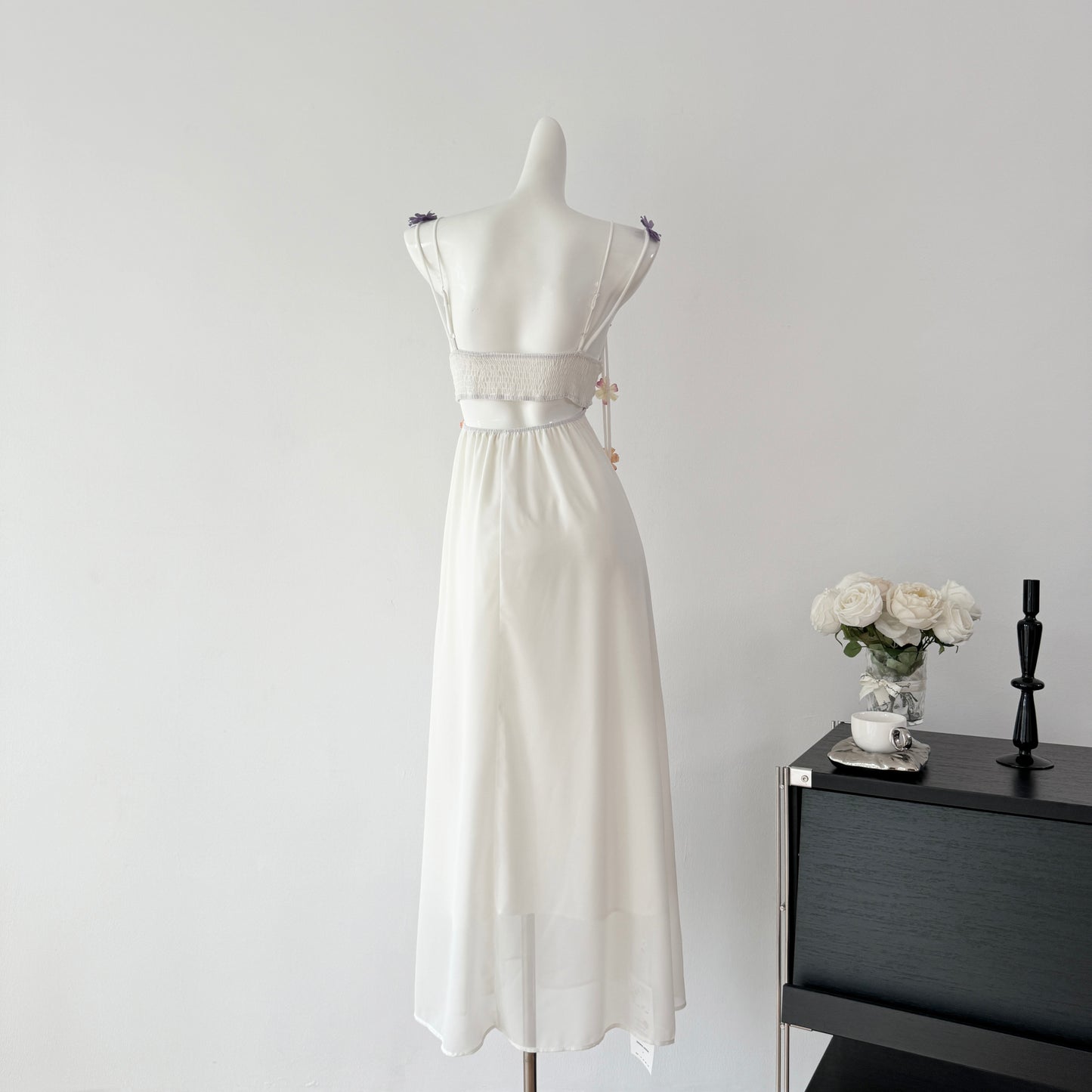 Cute A Line Spaghetti Straps Floral White Chiffon Summer Dress Holiday Party Outfits For Women DP0129