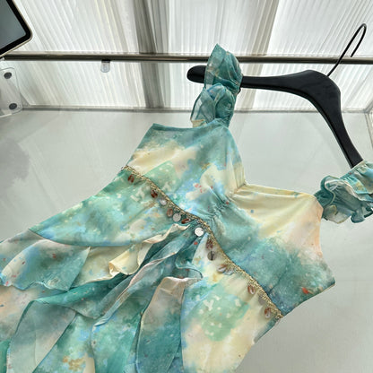 Sexy Mermaid Square Floral Green Summer Dress Holiday Party Outfits For Women DP0126
