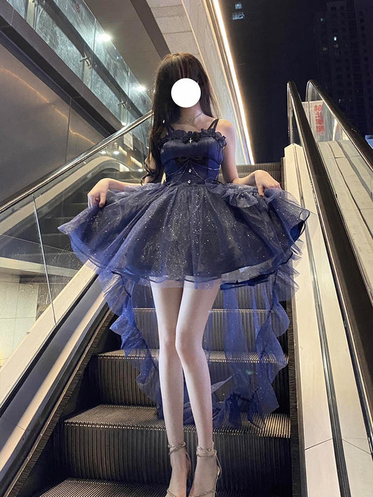 Vintage Ball Gown Spaghetti Straps Navy Blue Tulle 22th Birthday Dress Lolita Dress Lolita Outfits DH2445