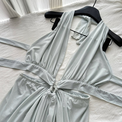 Sexy A line Halter Light Green Backless Summer Dress Holiday Party Dress Birthday Outfits For Teens DP0152