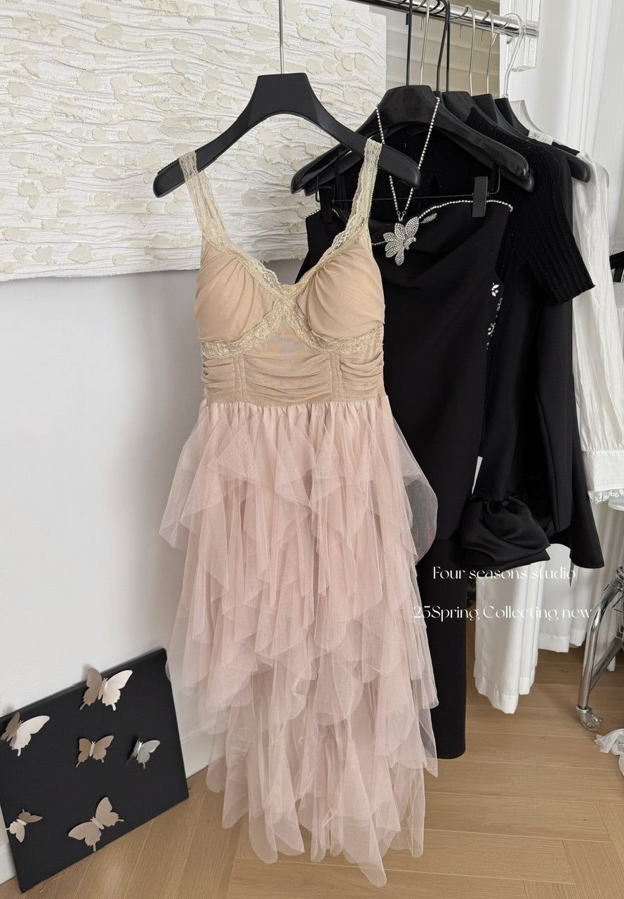 Süßes A-Linien-Trägerkleid mit Spitzenrüschen, Sommerkleid für die Feiertage, Party-Outfits für Mädchen, DP0134