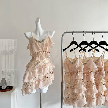 Cute A Line Spaghetti Straps Pink Sequin Casual Dress Summer Short Holiday Dresses DP1405