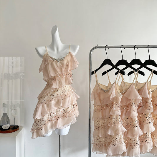 Süße A-Linie Spaghettiträger Rosa Pailletten Freizeitkleid Sommer Kurze Urlaubskleider DP1405