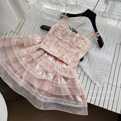 Sexy A line Spaghetti Straps 2 Pieces Pink Summer Dress Holiday Dresses Party Outfits For Women DP0118