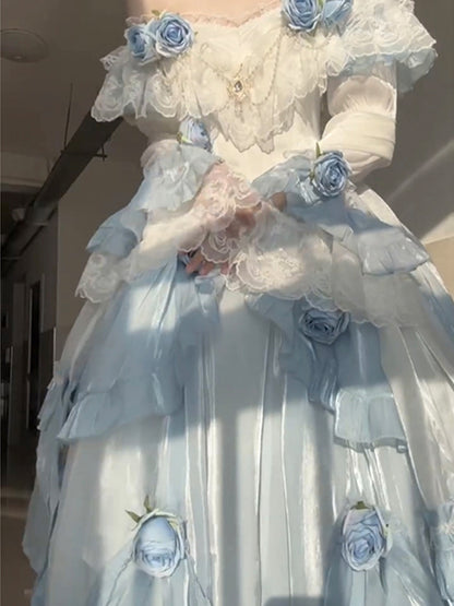 Vintage Ball Gown Off The Shoulder Short Sleeves 16th Blue Birthday Dress Lolita Summer Dress 18th Birthday Outfits W1134
