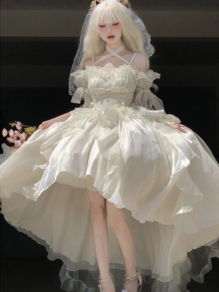 Princess Ball Gown Off The Shoulder Short Sleeves Ivory Floral 16th Chiffon Birthday Dress Lolita Dress 18th Birthday Outfits W1137