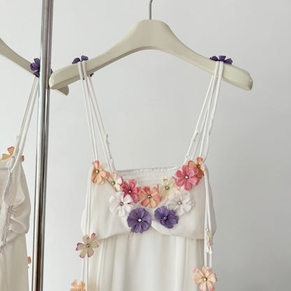 Cute A Line Spaghetti Straps Floral White Chiffon Summer Dress Holiday Party Outfits For Women DP0129
