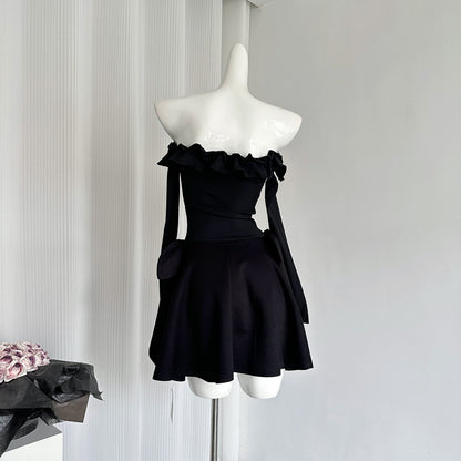 Robe d'été noire à épaules dénudées et coupe trapèze pour femme, tenue de fête ou de vacances, DP0094