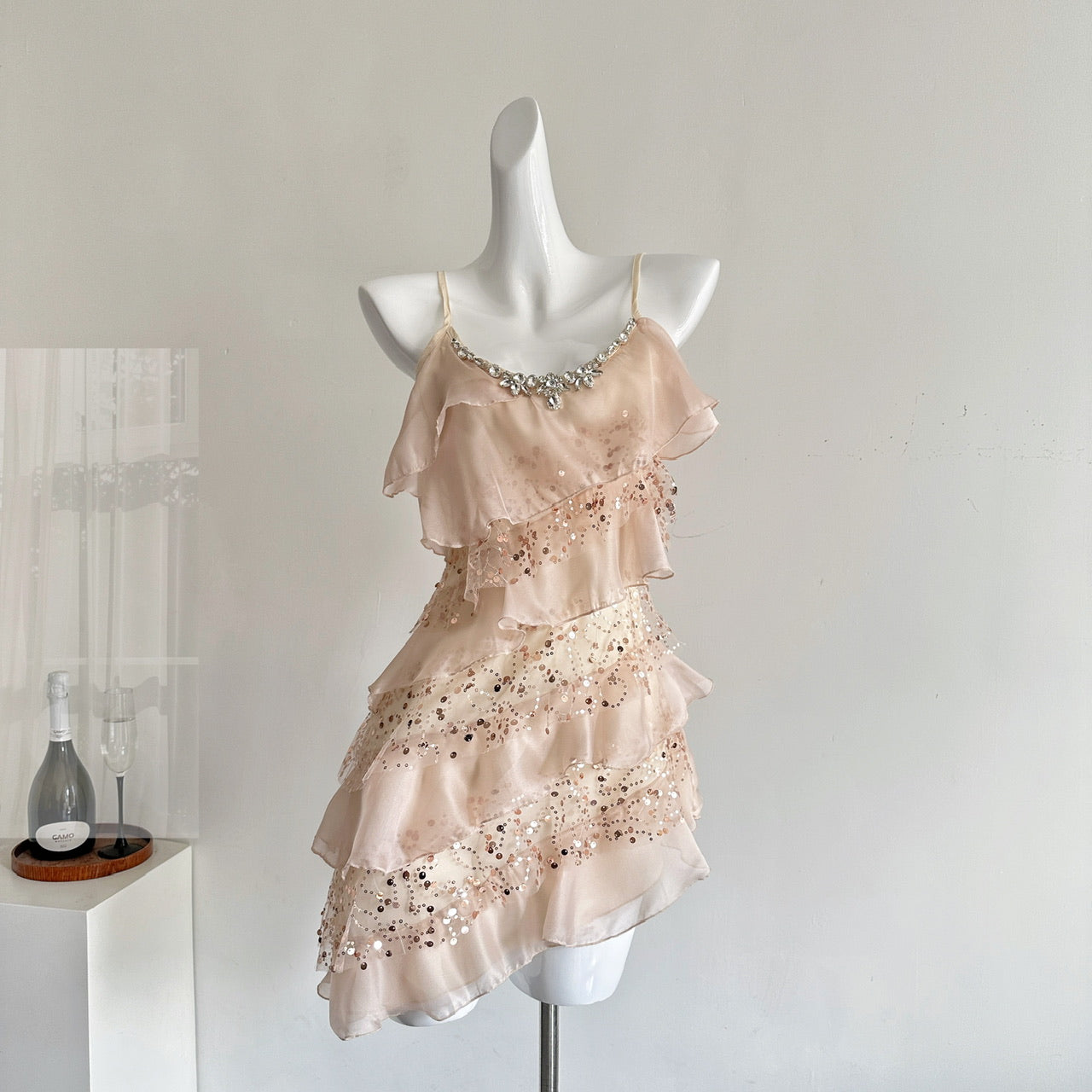 Cute A Line Spaghetti Straps Pink Sequin Casual Dress Summer Short Holiday Dresses DP1405