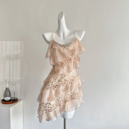 Cute A Line Spaghetti Straps Pink Sequin Casual Dress Summer Short Holiday Dresses DP1405